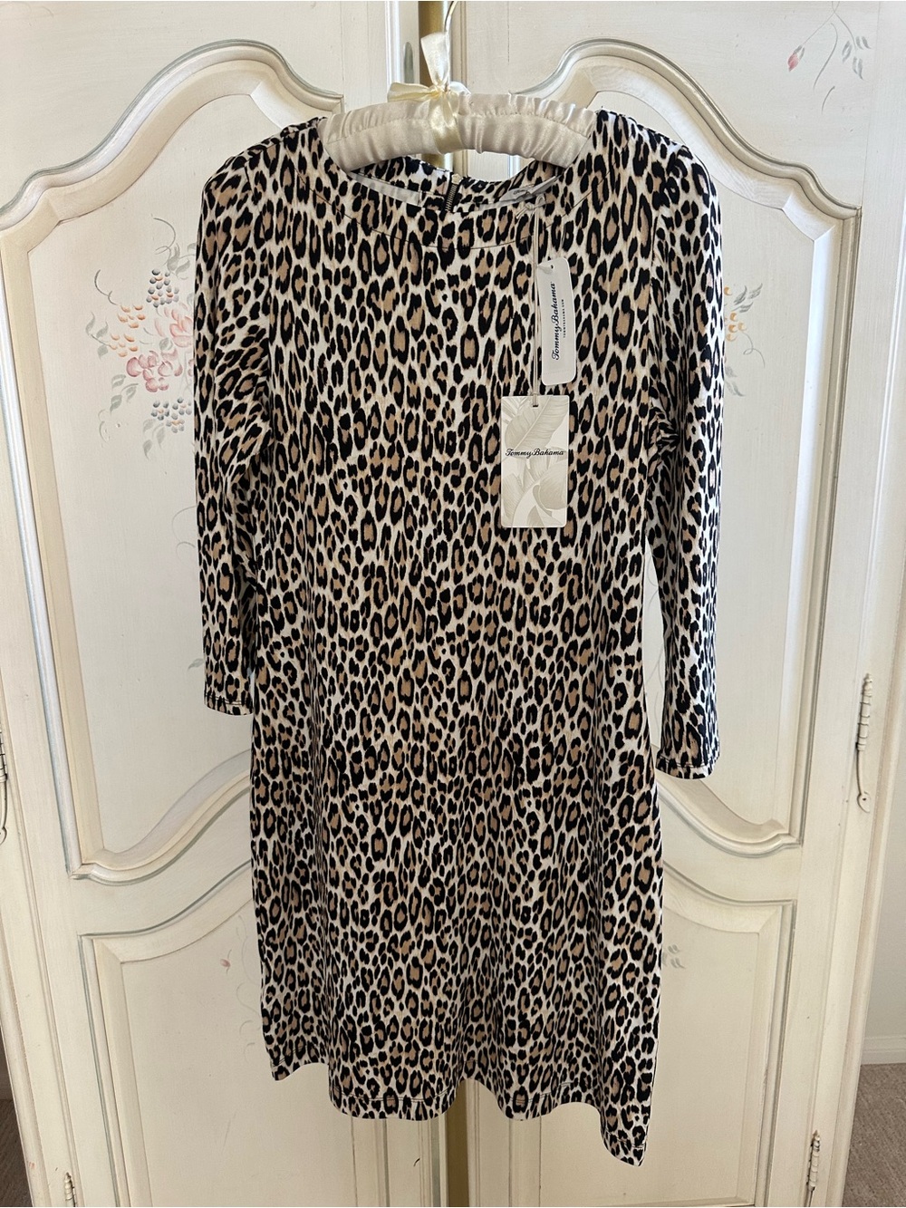 NWT Tommy Bahama Leopard Print Long Sleeve Stretch Shift Dress - Beige/Black
